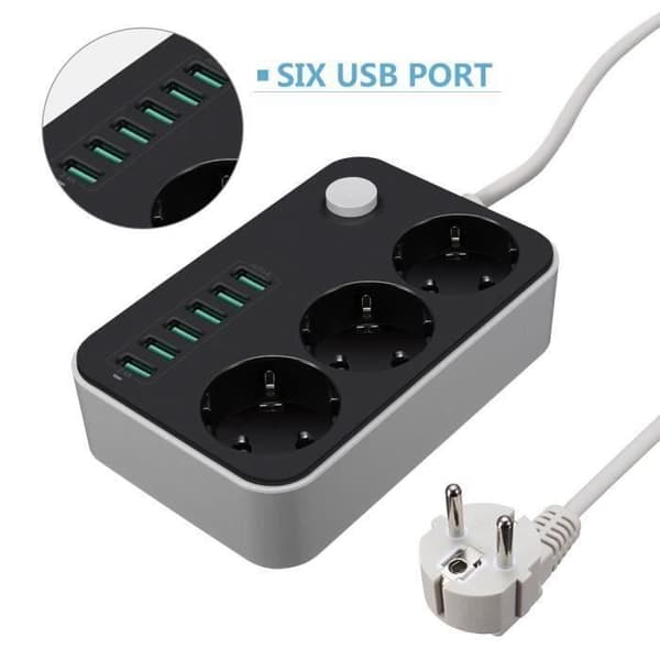 USB grenuttag, 3 uttag grenuttag + 6 USB-portar, Överspänningsskydd/blixtskydd, med överspänningsskydd
