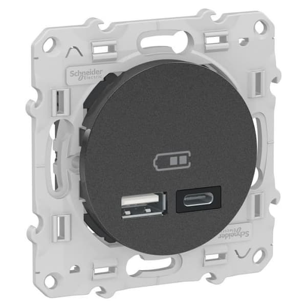 Odace - dubbelt USB-uttag - typ A+C - Antracit - 5 Vdc - 2,4A (S540401)