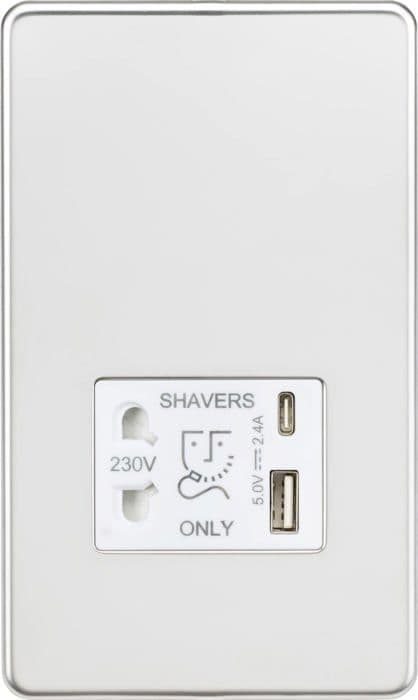 Knightsbridge - SF8909PCW - Skruvlöst rakhyveluttag med Dual USB A+C (5V DC 2,4A Share) - Polerad krom med vit insats