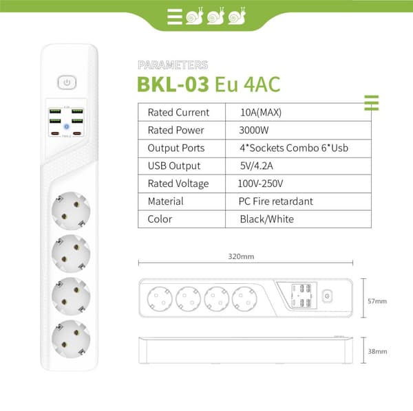 INF EU 4AC strømstik med 6 USB-porte - BKL-03 0