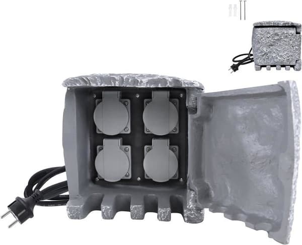 YUENFONG Stone Look Garden Power Strip med 4 jordade uttag, 1,5 m kabel, IP44 utomhusuttag, 19 x 18,5 x 18,5 cm Grå