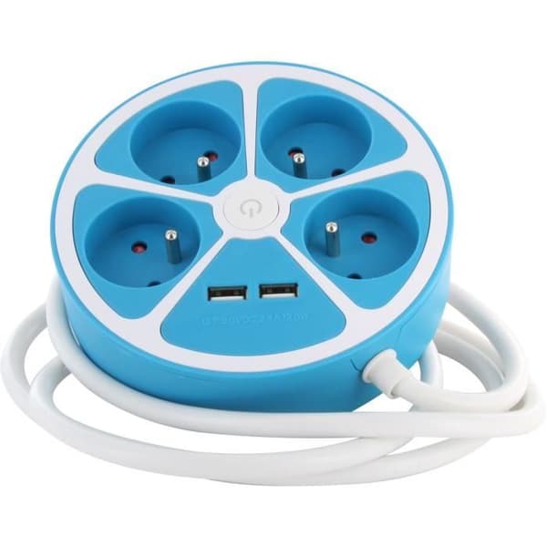 Cirkulär design grenuttag - CHACON - 4X16 A - 1,5 m sladd - Med 2 USB-A + Switch - Blå