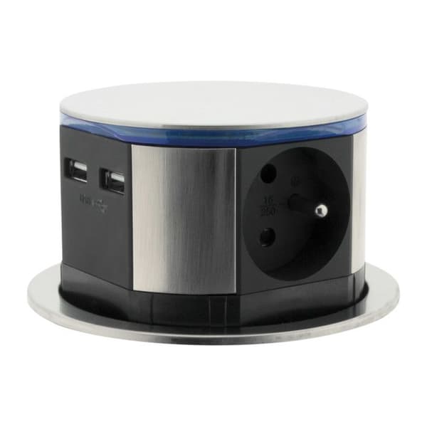 Inbyggd multikontakt - OTIO - Rostfritt stål - 3 uttag 16A - 2 USB-portar - Dekorativ LED