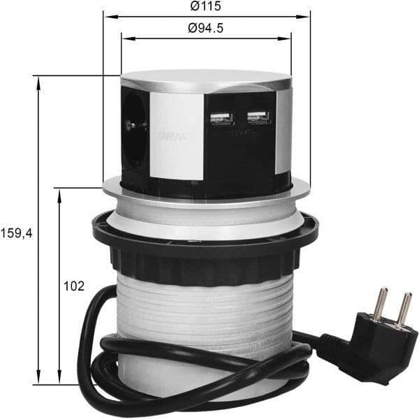 Orno OR-AE-1342(GS) Infälld bänkskiva Socket Block 3 Sockets + 2x USB 3650W Ø10cm med 1,5m Schuko kabel - Socket