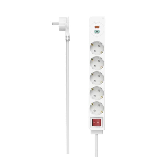 Hama grenuttag 5-vägs USB-C/A 18W PD/QC&trade; Schack. Flat St. 1,4 M Vit