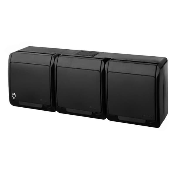 Trippel vattentät IP44 utanpåliggande uttag 2p+E 16A 250V svart HERMES