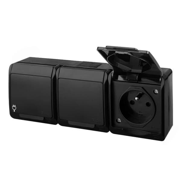Trippel vattentät IP44 utanpåliggande uttag 2p+E 16A 250V svart HERMES