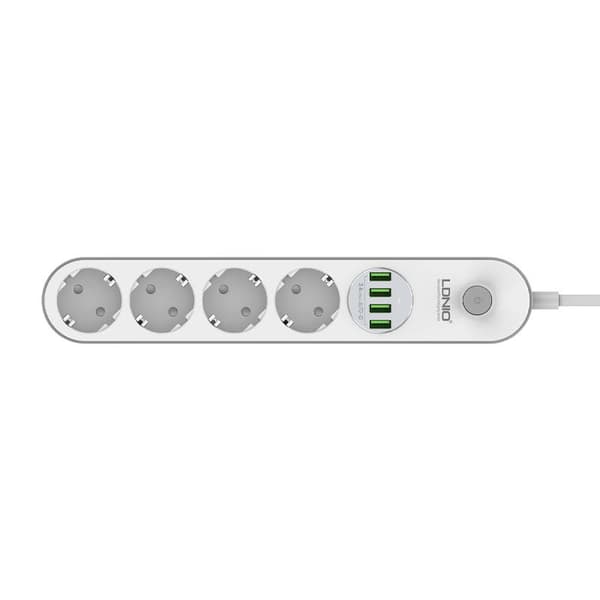 Strømskinne med 4 AC-stik, 4x USB, LDNIO SE4432, 2m (hvid)