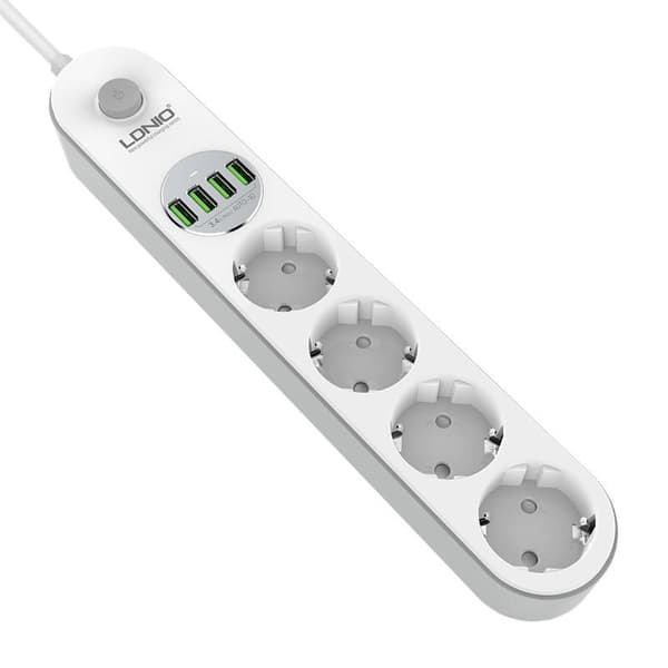 Strømskinne med 4 AC-stik, 4x USB, LDNIO SE4432, 2m (hvid)