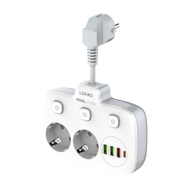 Strømskinne med 2 AC-stik, 3x USB, USB-C, LDNIO SE2435, 2500W (hvid)