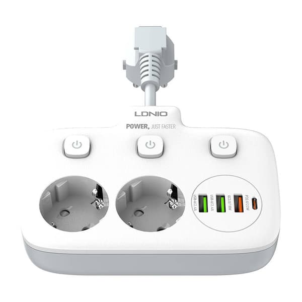 Strømskinne med 2 AC-stik, 3x USB, USB-C, LDNIO SE2435, 2500W (hvid)