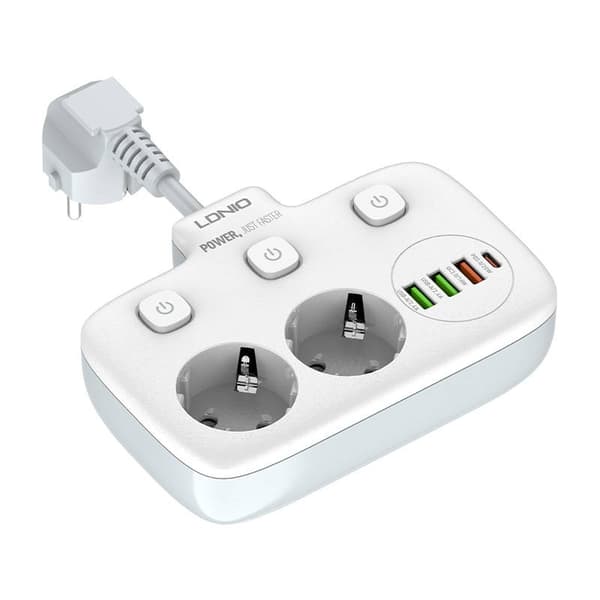 Strømskinne med 2 AC-stik, 3x USB, USB-C, LDNIO SE2435, 2500W (hvid)
