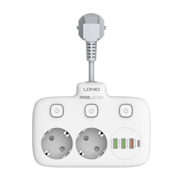 Strømskinne med 2 AC-stik, 3x USB, USB-C, LDNIO SE2435, 2500W (hvid)