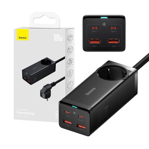 Baseus GaN3 Pro väggladdare / powerstrip 2xUSB + 2xUSB-C + AC, 100W (svart)