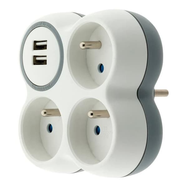 Triplite 16A 2P+T + 2 USB-portar - ZENITECH - Vit och grå - Multikontakt klar för installation