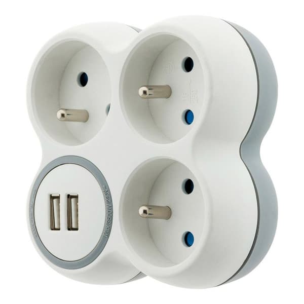 Triplite 16A 2P+T + 2 USB-portar - ZENITECH - Vit och grå - Multikontakt klar för installation