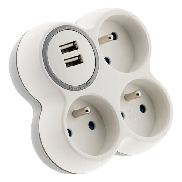 Triplite 16A 2P+T + 2 USB-portar - ZENITECH - Vit och grå - Multikontakt klar för installation