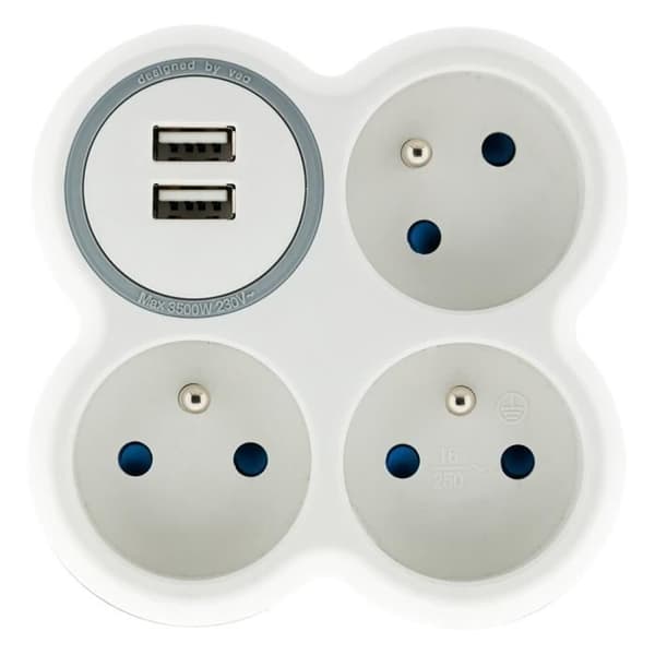 Triplite 16A 2P+T + 2 USB-portar - ZENITECH - Vit och grå - Multikontakt klar för installation