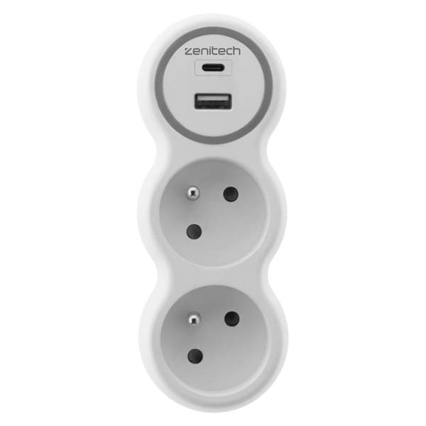 Biplite 16A och två USB A+C-laddare - ZENITECH - Vit och Grå