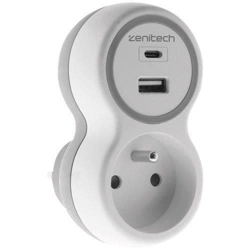 Uttag 16A med USB A+C-laddare - Zenitech - Vit och Grå - 2.1A - 3680W - Inomhus