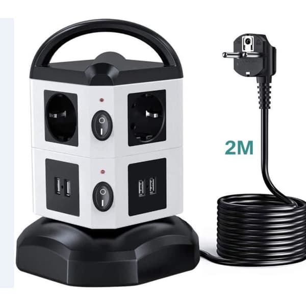 Tour Multiprise 6 Uttag och 4 USB med 2m Kabel, 2500W/10A Multiprisar Överspänningsskydd för Kontor, Strömbrytare