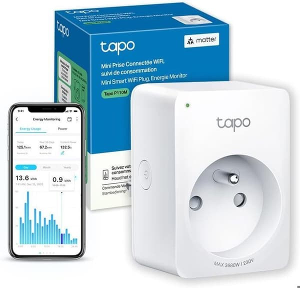 WiFi Matter Ansluten Kontroll - Tapo P110M(FR) - Energikonsumtionsövervakning - 16A Typ E, Kompatibel med Alexa, Google Home och