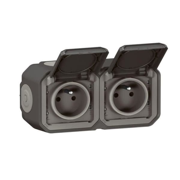 Hylsuttag 2x2P+E horisontell Plexo komplett utanpåliggande antracit (069788L)