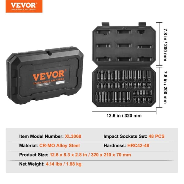 Impact Socket Set, 48-delt Cr-Mo legeringsstål, holdbar opbevaringskasse,48 stk 0,25 tommer
