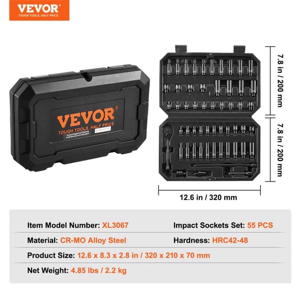 Impact Socket Set, 55 Stykker, Holdbart CR-MO Legeret Stål,18 stk 0,375 tommer