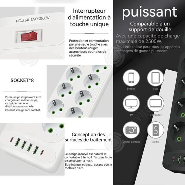 INN Power Strip med Switch Hushålls Power Strip 8 uttag och 4 USB Multifunktionell Power Strip 2 m nätsladd