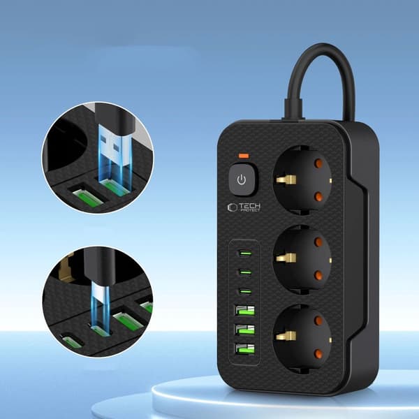 Tech-Protect strømskinne med 3x 240V strømudtag + 3xUSB-A + 3xUSB-C - Svart