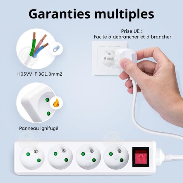 INN Multiprise elektrisk Block 4 Uttag 16A Linjelängd 3M med Strömbrytare med Barnsäkerhet Vit Grenuttag Multipris