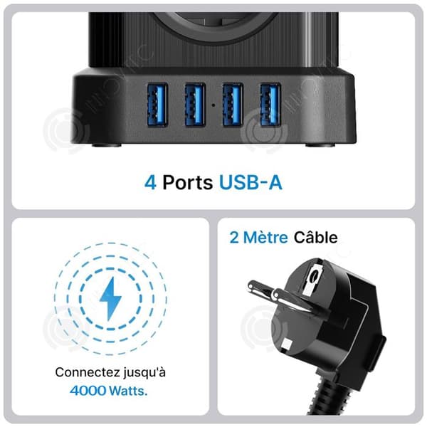 INN Multiprise elektrisk Block 5 uttag 4 USB med strömbrytare Design kubisk kompakt Överspänningsskydd Kabel 2M Kubuttag Svart