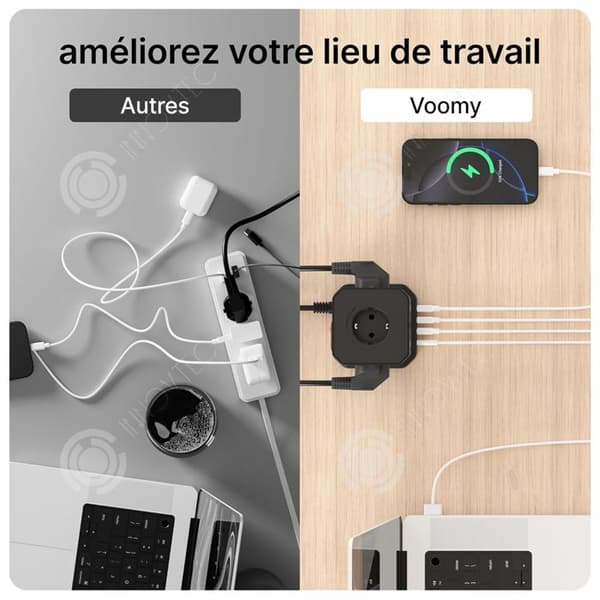 INN Multiprise elektrisk Block 5 uttag 4 USB med strömbrytare Design kubisk kompakt Överspänningsskydd Kabel 2M Kubuttag Svart