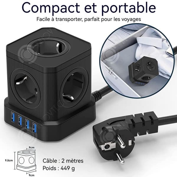 INN Multiprise elektrisk Block 5 uttag 4 USB med strömbrytare Design kubisk kompakt Överspänningsskydd Kabel 2M Kubuttag Svart