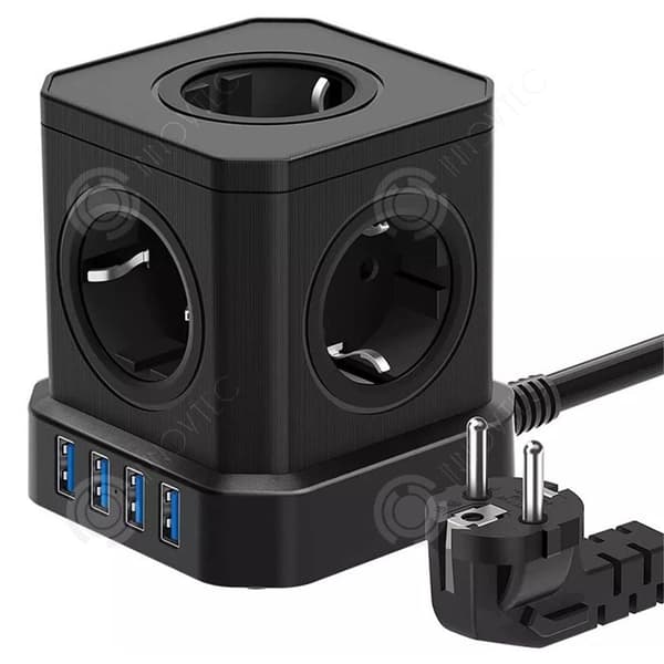 INN Multiprise elektrisk Block 5 uttag 4 USB med strömbrytare Design kubisk kompakt Överspänningsskydd Kabel 2M Kubuttag Svart