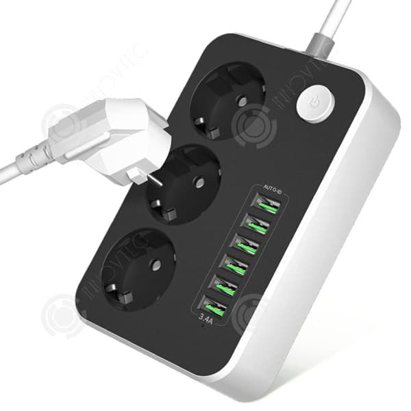 INN Multikontakt med 3 uttag och 6 USB-portar med strömbrytare, kabel längd 2M, överspänningsskydd, färg svart/vit, multikontakt.