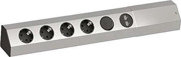 Bachmann Casia - Overflademonteret stikkontakt - 4x 230V + USB oplader - Rustfrit stål look - 2 meter tilslutningskabel