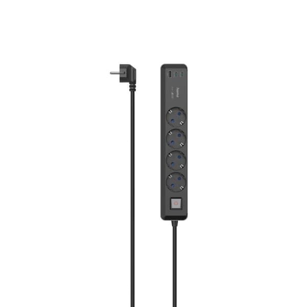Hama strømskinne, 4-vejs, USB-C/A 65W, PD, switch, 1,4 m, sort/grå (00223189)
