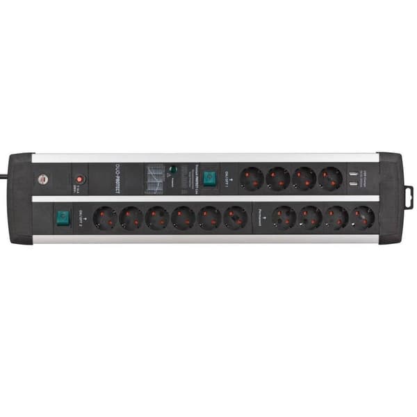 Brennenstuhl Premium-Protect-Line strømskinne med 14 kontakter, 2x USB og overspændingsbeskyttelse / sort - 3 meter