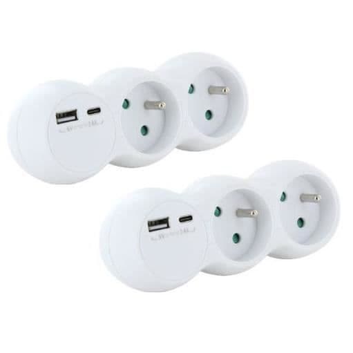 Lot 2 domino CHACON - 47002 - 2x16A med USB-A +USB-C - Vit (FR)