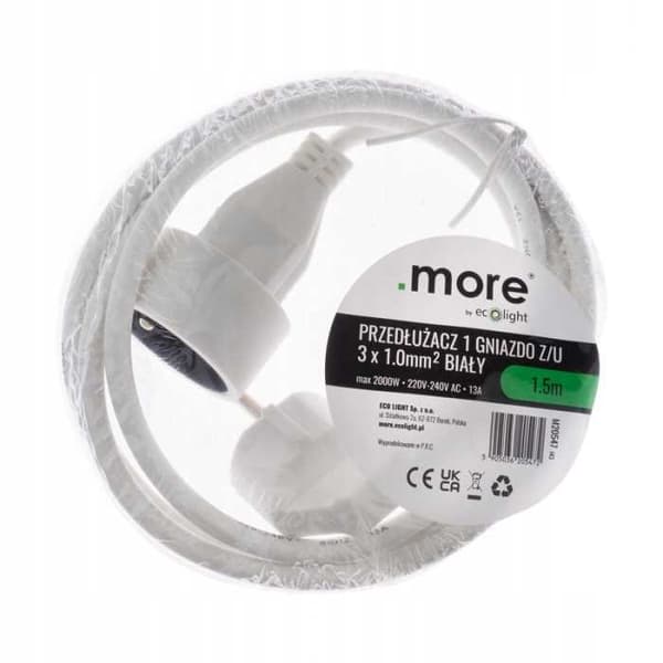 Forlængerledning 1 stikkontakt 1,5mz/u 3x1,0mm2 HVID