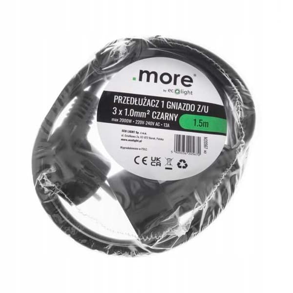 Forlængerledning 1 stikkontakt 1,5mz/u 3x1,0mm2 SORT