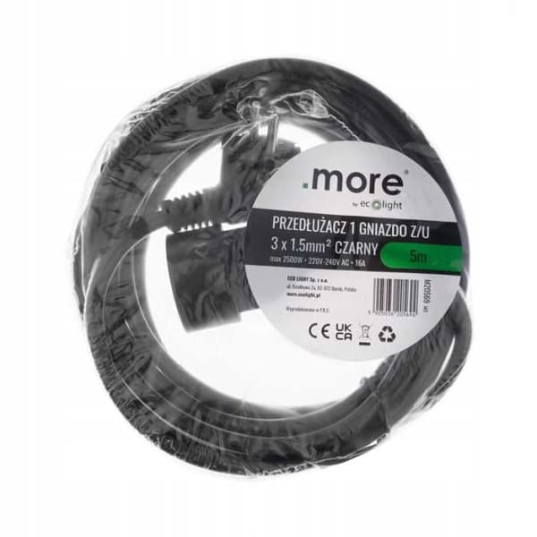 Forlængerledning 1 stikkontakt 5m med/uden 3x1,5mm2 SORT