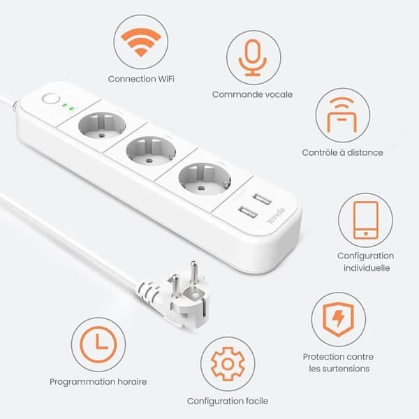 TENDA Smart WiFi Power Strip - 3 uttag &amp; 2 USB-portar, överspänningsskydd, röststyrning, SP15