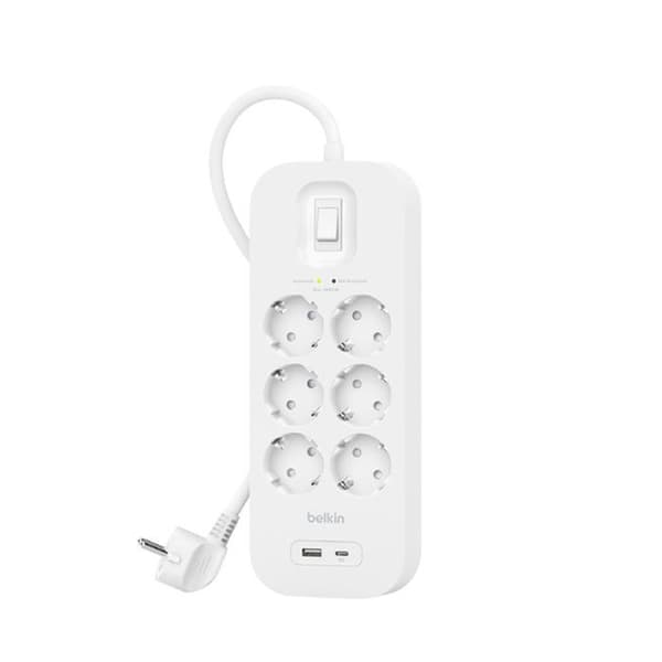 Belkin USB Power Strip med 6 AC-uttag överspänningsskydd, väggfäste, 2 m kabel, LED-statusindikator, 1