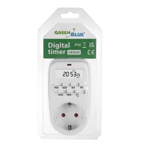 Eluttag med digital timer - GreenBlue - GB362 F - Programmerbar - Max. laddning 16A - IP20
