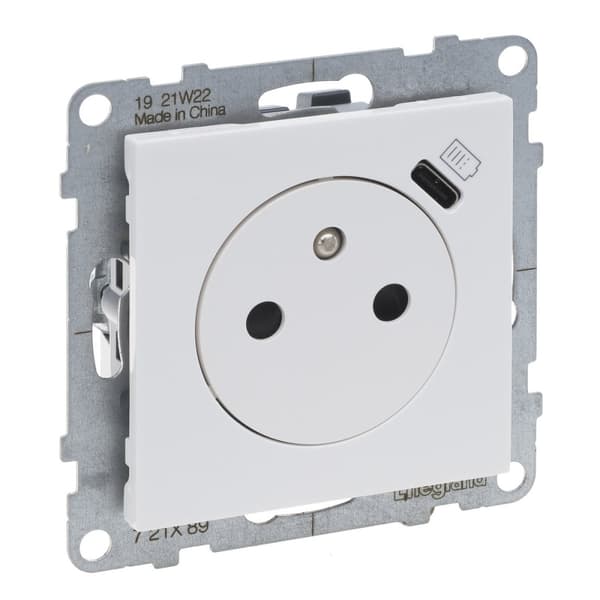 Litteä pistorasia 2P+Z - 16 A - USB-C - 1,5 A - automaattiset liittimet - sulkimella, VALKOINEN SUNO