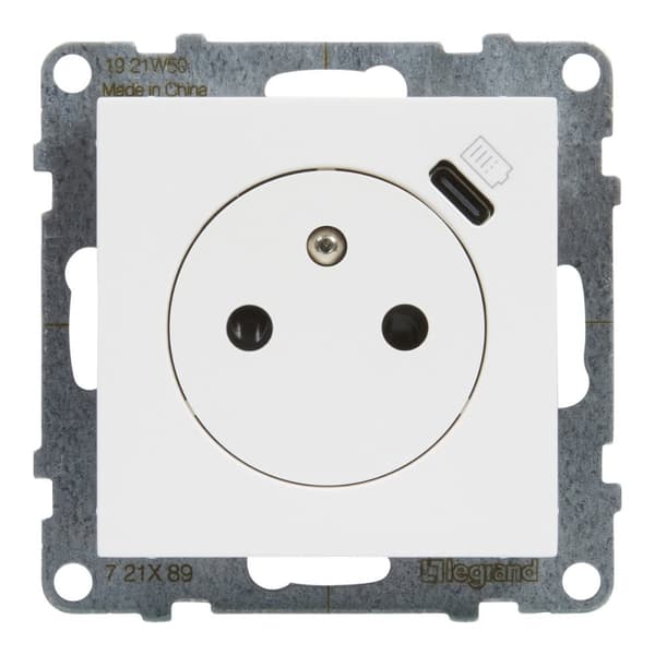 Litteä pistorasia 2P+Z - 16 A - USB-C - 1,5 A - automaattiset liittimet - sulkimella, VALKOINEN SUNO