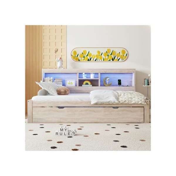 Soffa, Dagbädd, Dagbädd, 90*200cm, Kökssäng, Eluttag + USB, Utan madrass, Naturlig